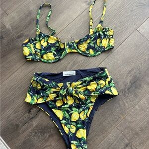 WeWoreWhat Lemon Print Bikini - Navy and Yellow (high waisted)